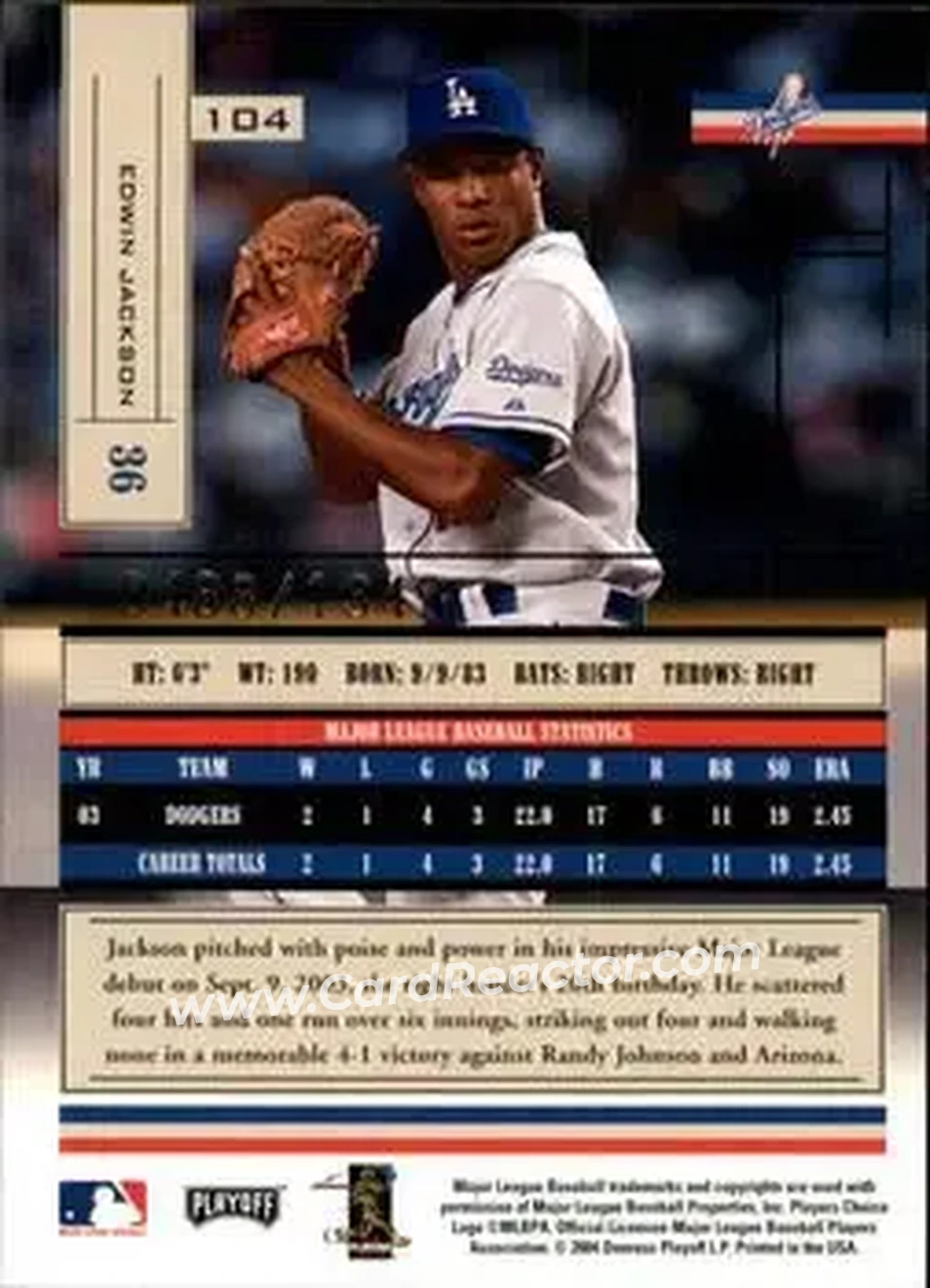 2004 Playoff Absolute Memorabilia #104 - Edwin Jackson - Los Angeles Dodgers - Back