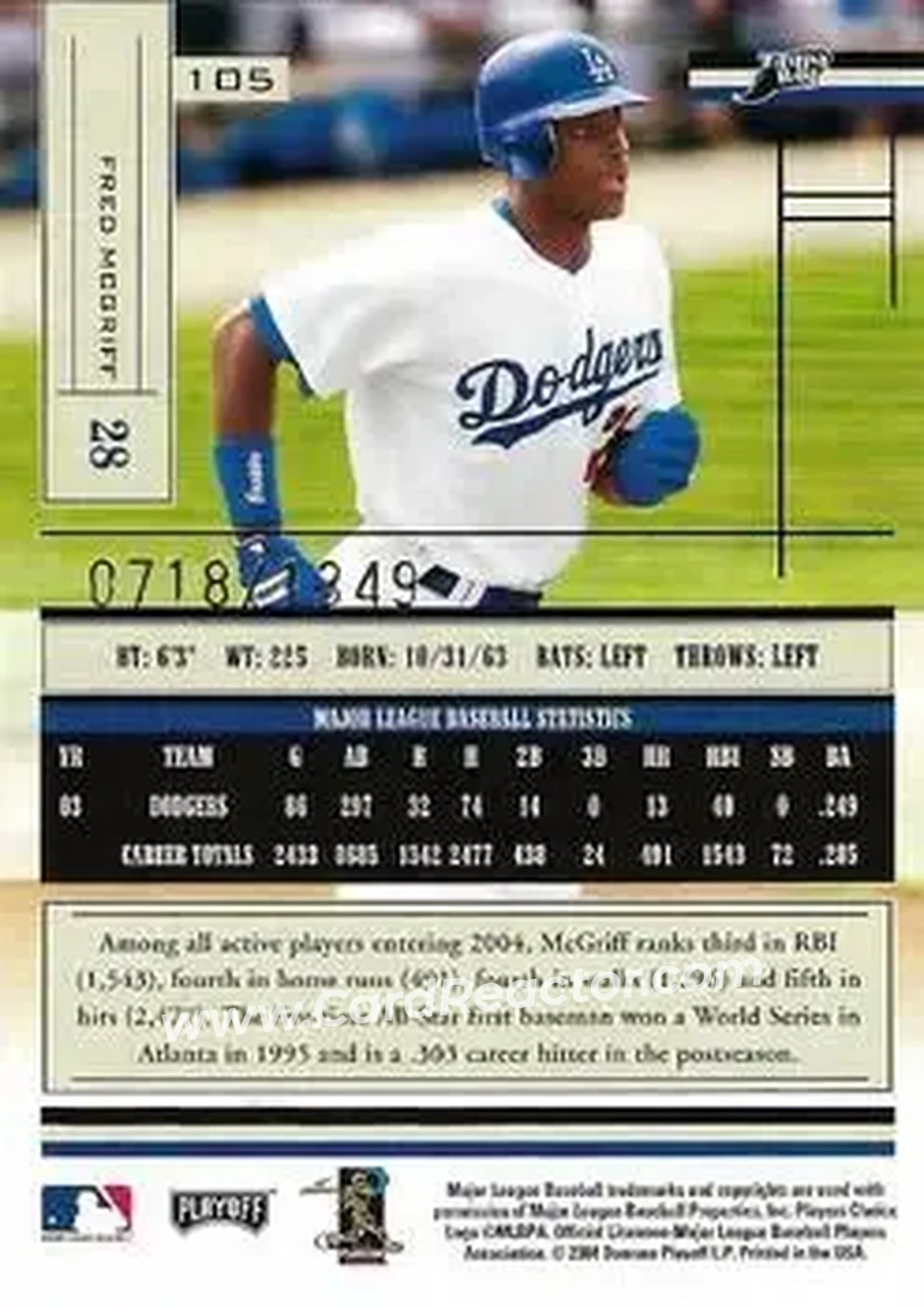 2004 Playoff Absolute Memorabilia #105 - Fred McGriff - Tampa Bay Devil Rays - Back