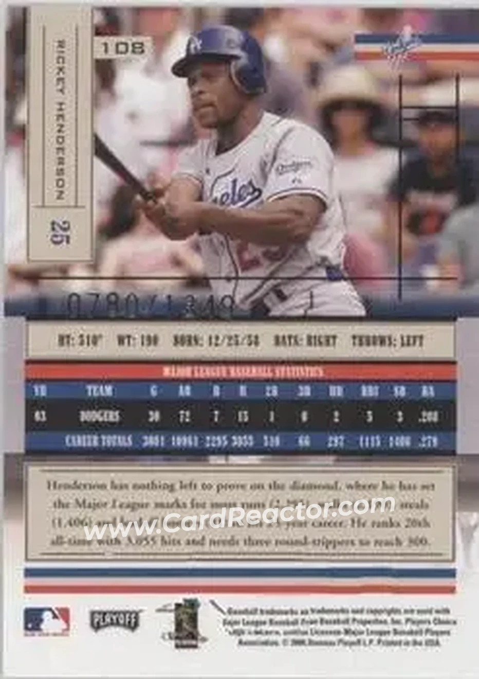 2004 Playoff Absolute Memorabilia #108 - Rickey Henderson - Los Angeles Dodgers - Back