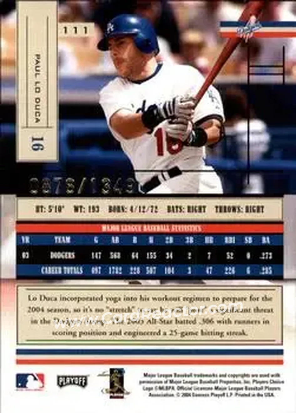 2004 Playoff Absolute Memorabilia #111 - Paul Lo Duca - Los Angeles Dodgers - Back