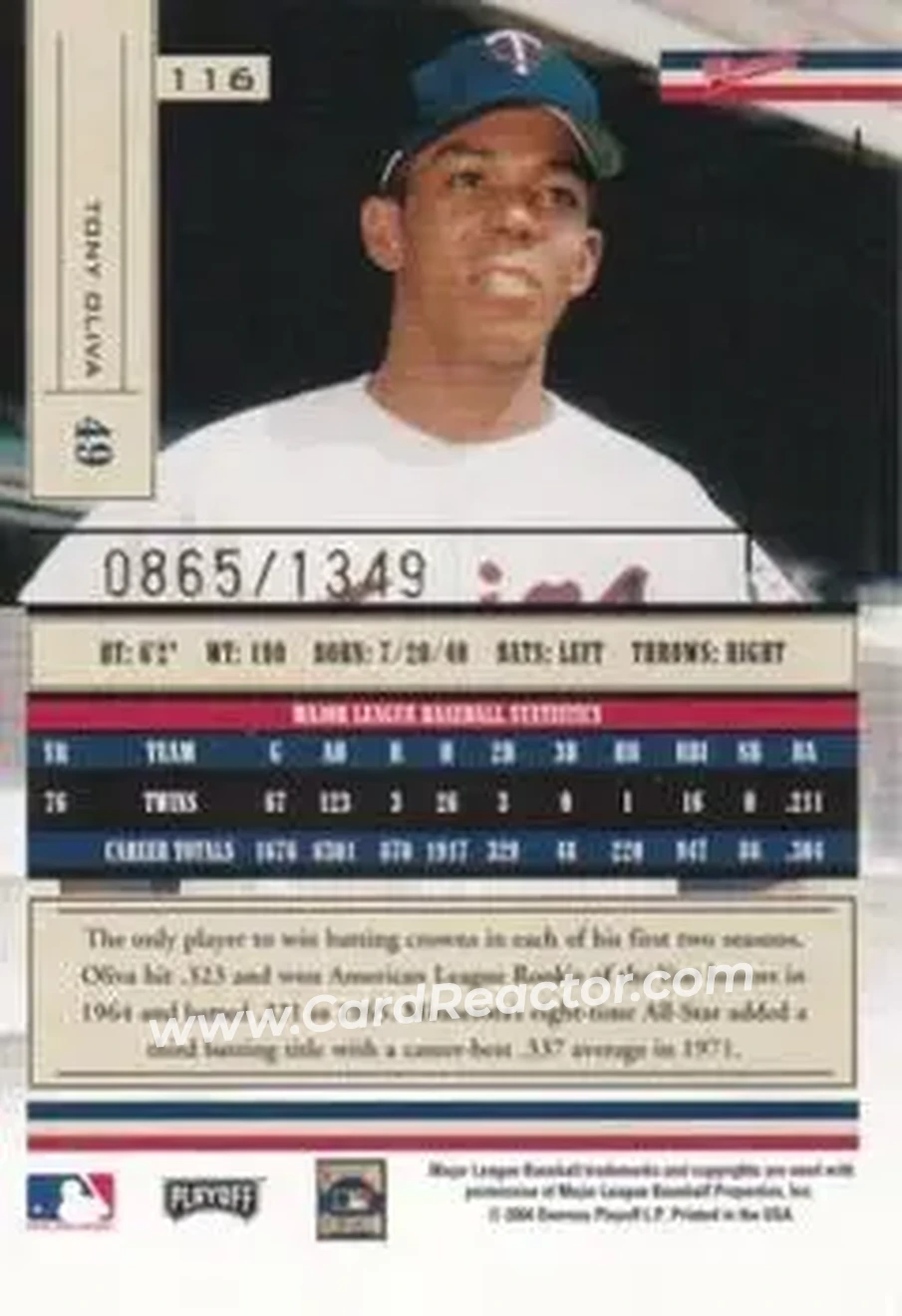 2004 Playoff Absolute Memorabilia #116 - Tony Oliva - Minnesota Twins - Back