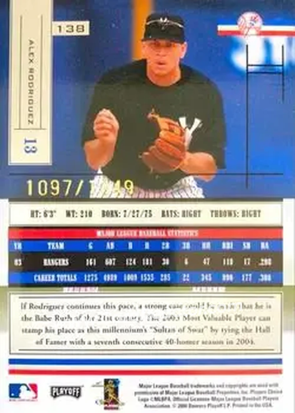 2004 Playoff Absolute Memorabilia #138 - Alex Rodriguez - New York Yankees - Back