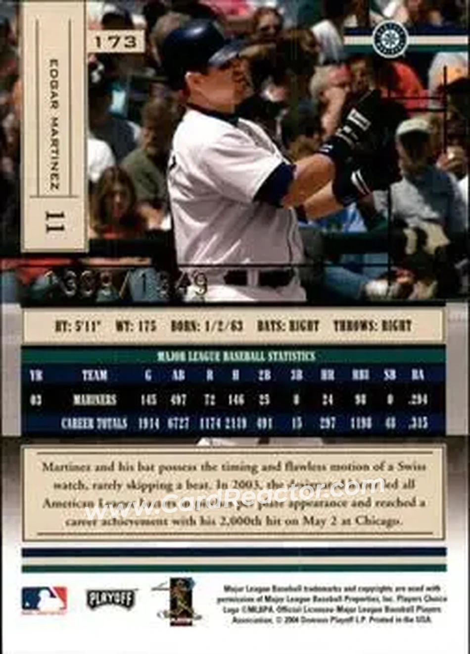 2004 Playoff Absolute Memorabilia #173 - Edgar Martinez - Seattle Mariners - Back