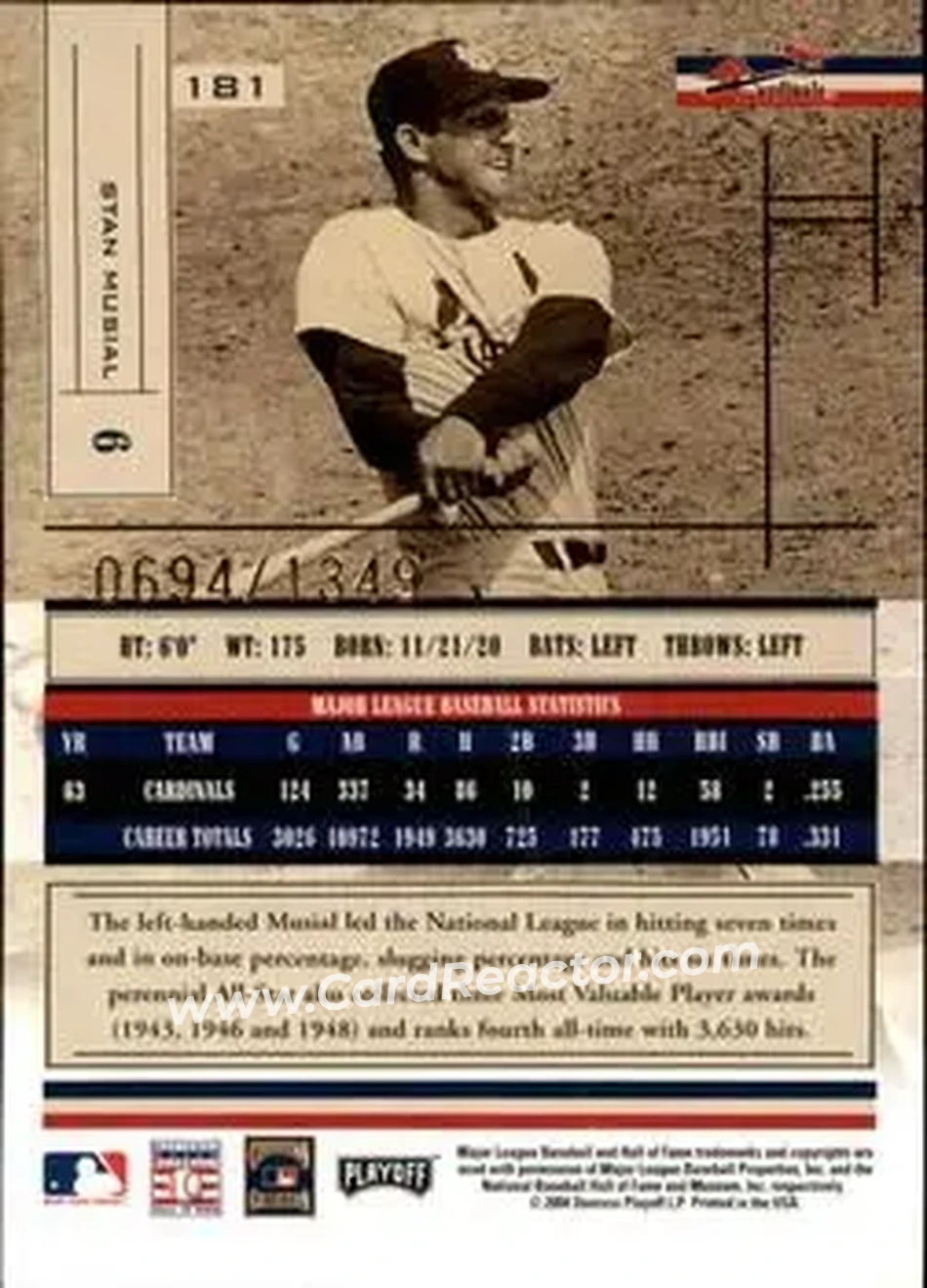 2004 Playoff Absolute Memorabilia #181 - Stan Musial - St. Louis Cardinals - Back