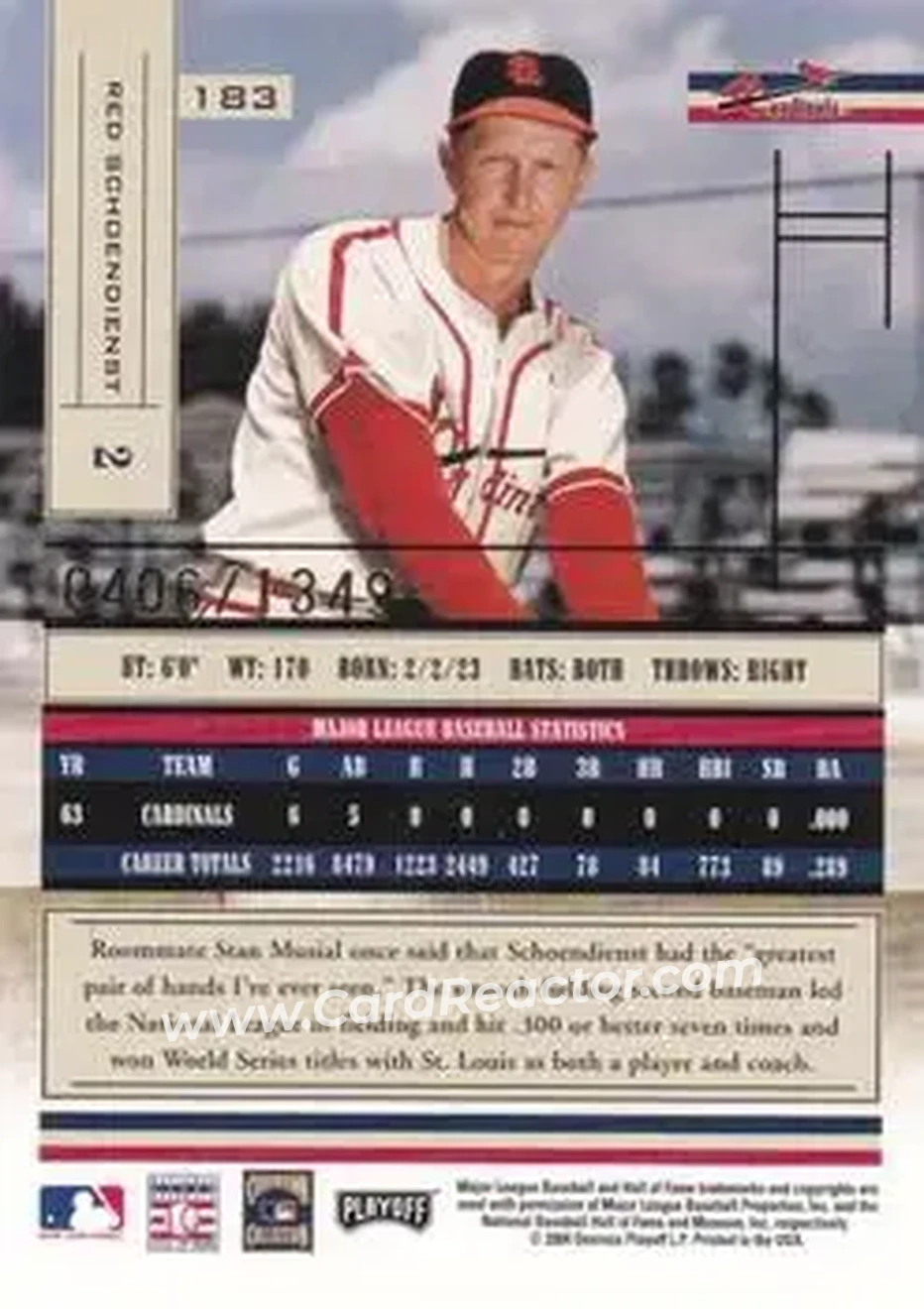 2004 Playoff Absolute Memorabilia #183 - Al Schoendienst - St. Louis Cardinals - Back