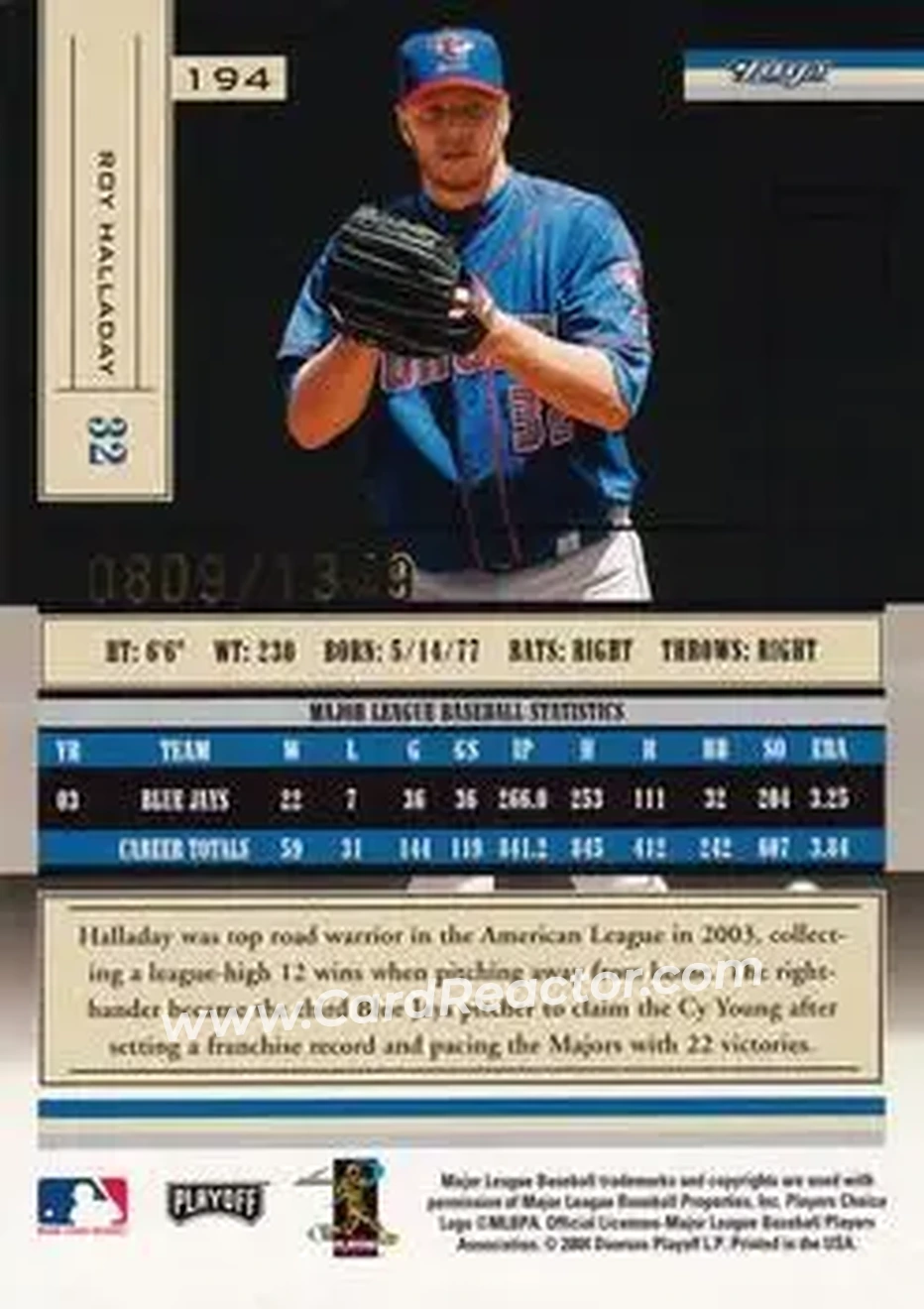 2004 Playoff Absolute Memorabilia #194 - Roy Halladay - Toronto Blue Jays - Back 2004 Playoff Absolute Memorabilia #194 - Roy Halladay - Toronto Blue Jays - Back