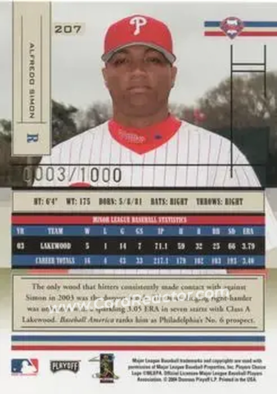 2004 Playoff Absolute Memorabilia #207 - Alfredo Simon - Philadelphia Phillies - Back