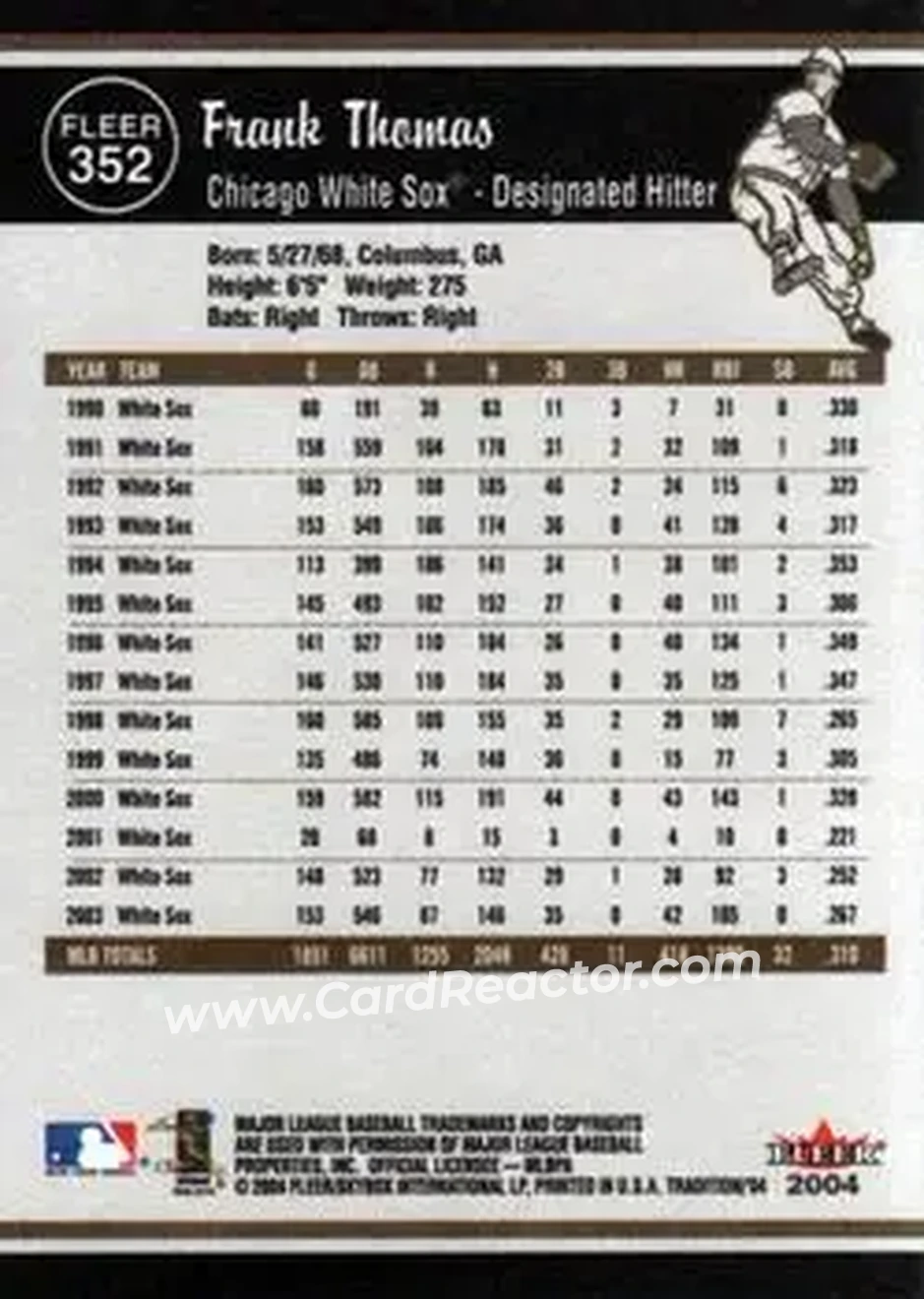 2004 Fleer Tradition #352 - Frank Thomas - Chicago White Sox - Back