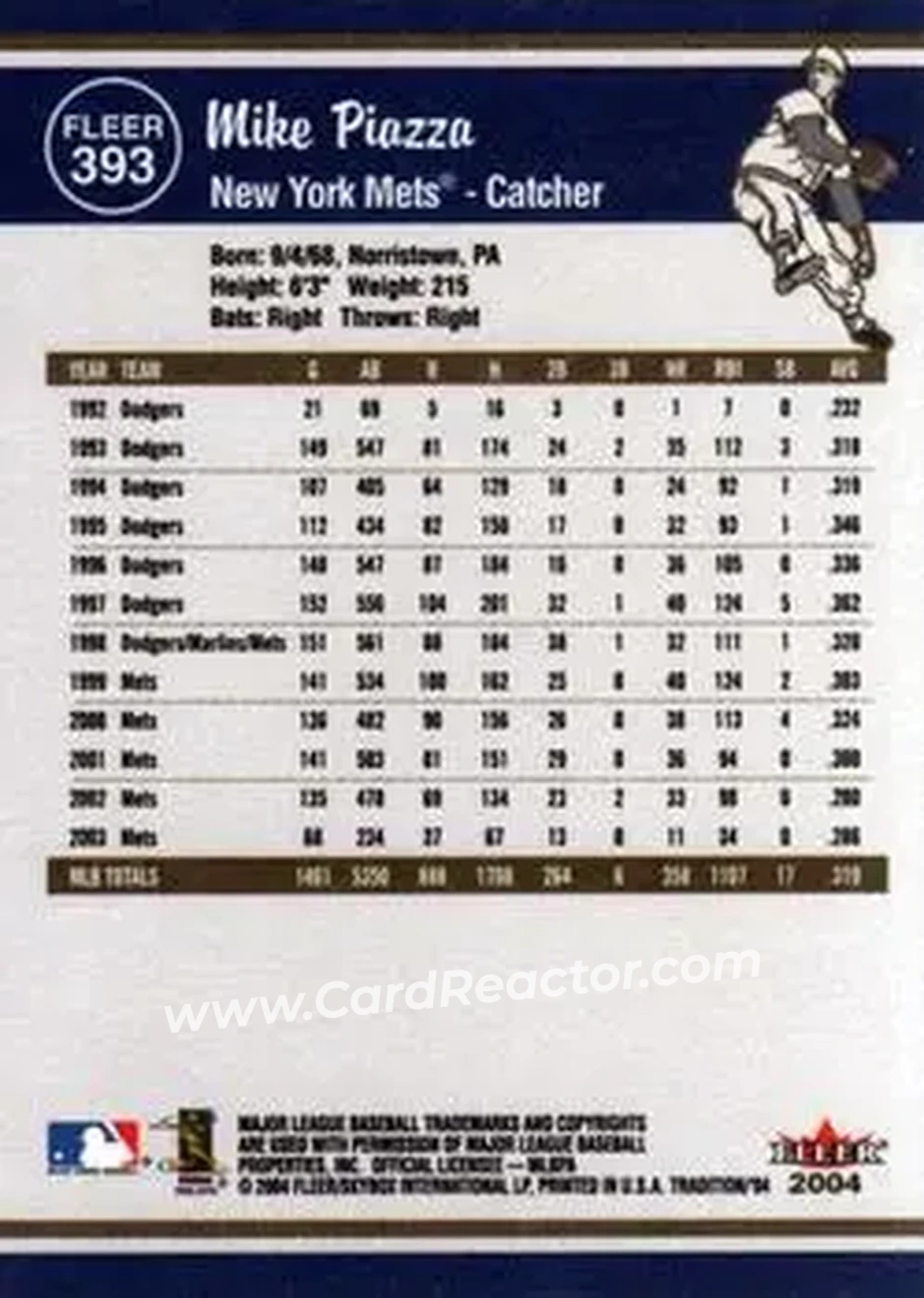 2004 Fleer Tradition #393 - Mike Piazza - New York Mets - Back 2004 Fleer Tradition #393 - Mike Piazza - New York Mets - Back