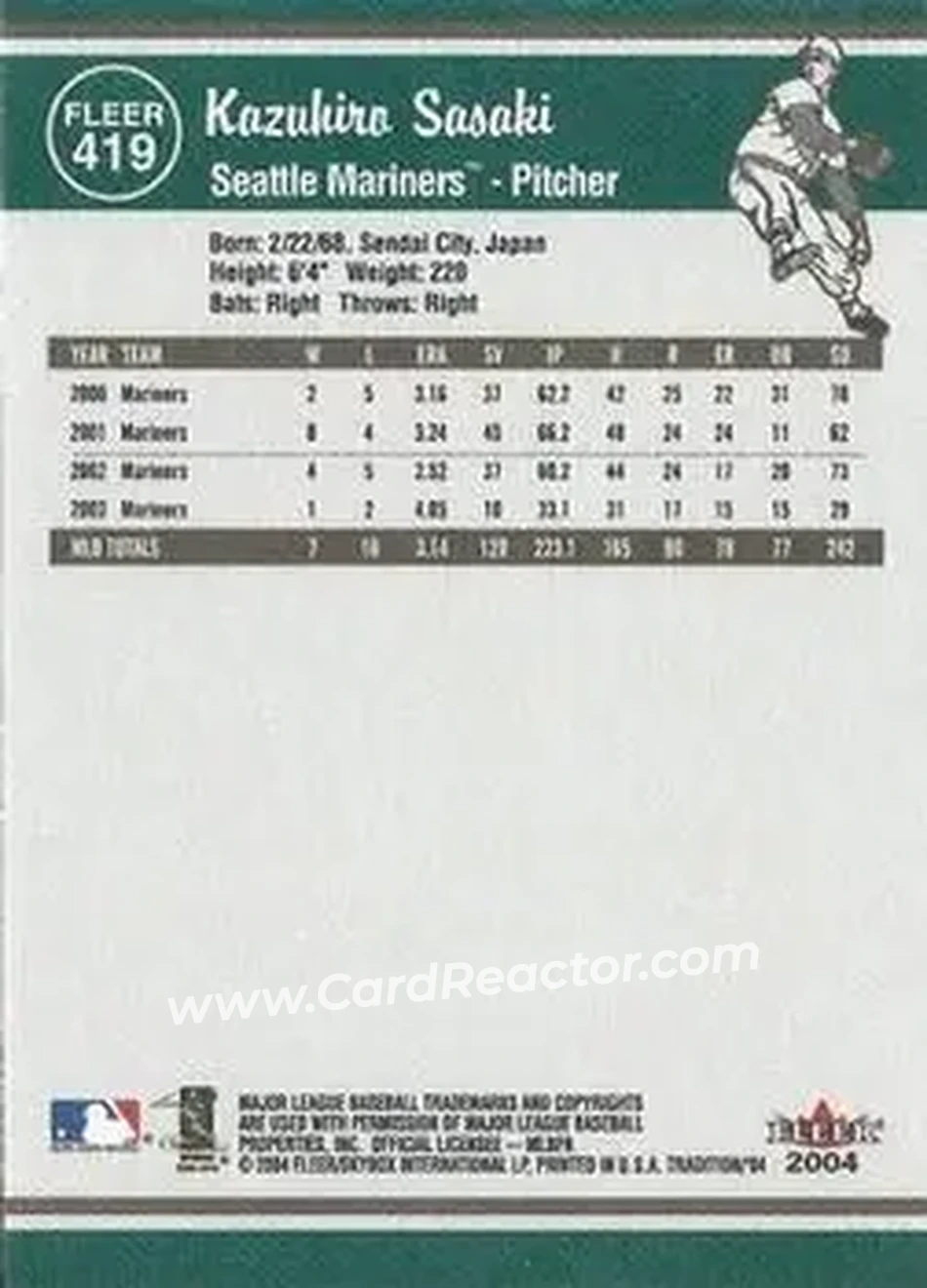2004 Fleer Tradition #419 - Kazuhiro Sasaki - Seattle Mariners - Back