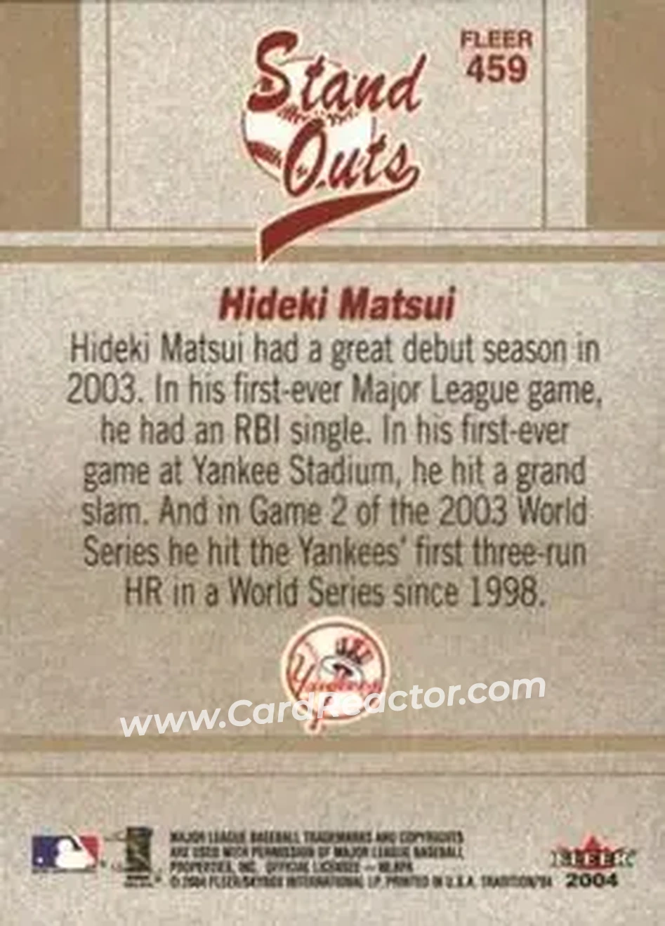 2004 Fleer Tradition #459 - Hideki Matsui - New York Yankees - Back 2004 Fleer Tradition #459 - Hideki Matsui - New York Yankees - Back