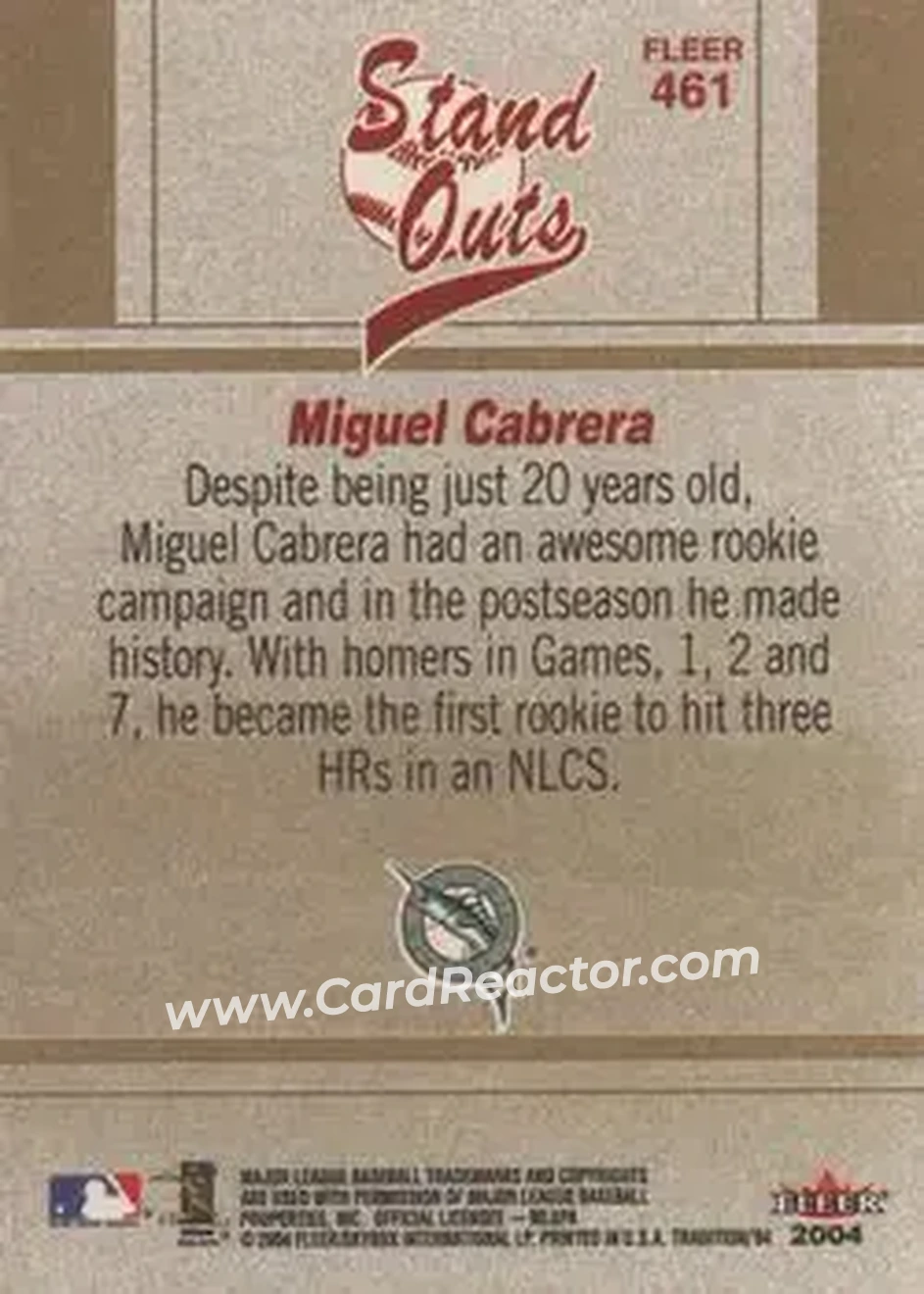 2004 Fleer Tradition #461 - Miguel Cabrera - Florida Marlins - Back
