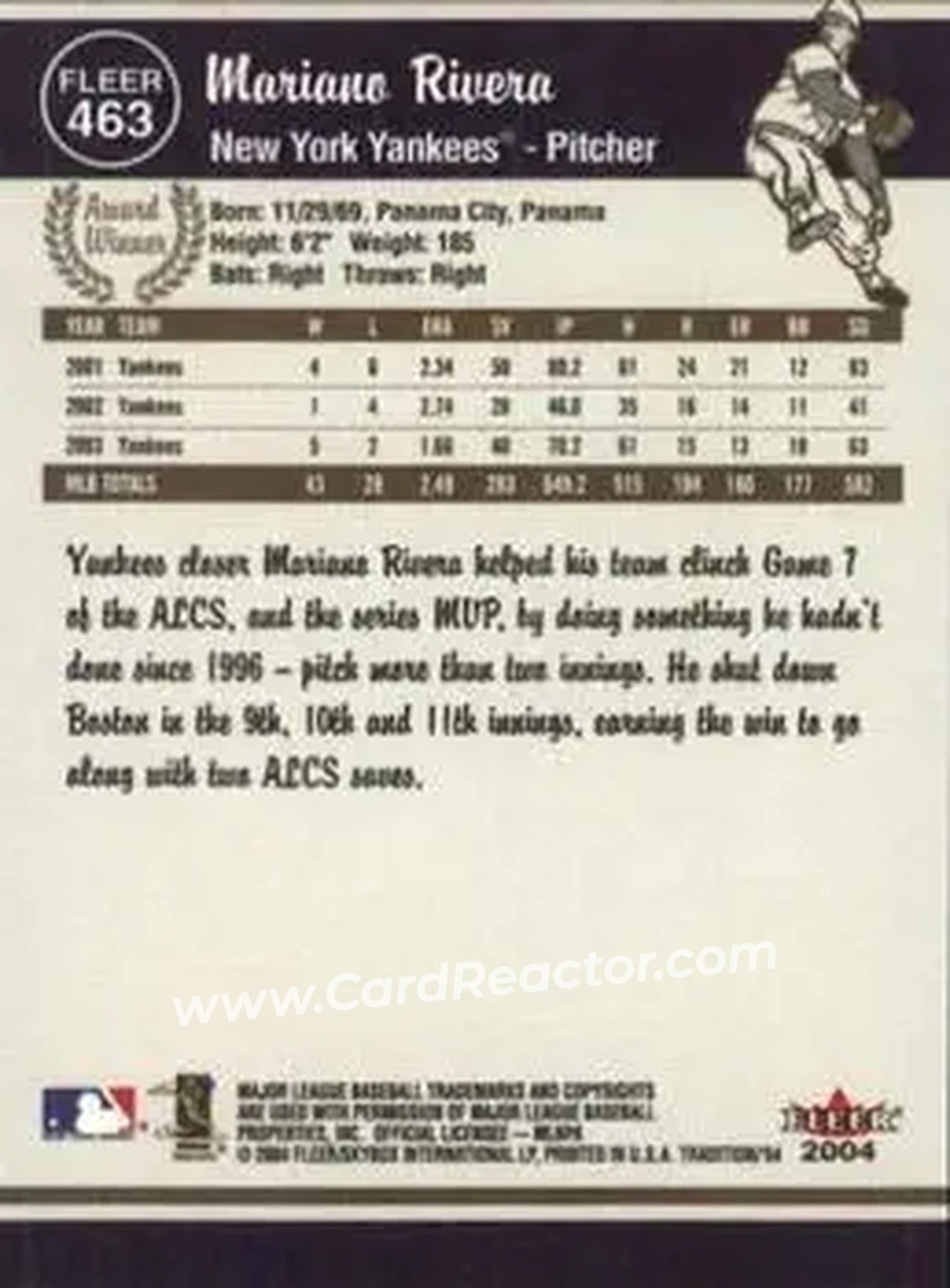 2004 Fleer Tradition #463 - Mariano Rivera - New York Yankees - Back