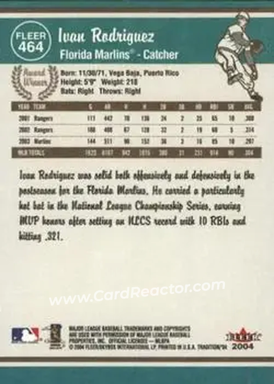 2004 Fleer Tradition #464 - Ivan Rodriguez - Florida Marlins - Back