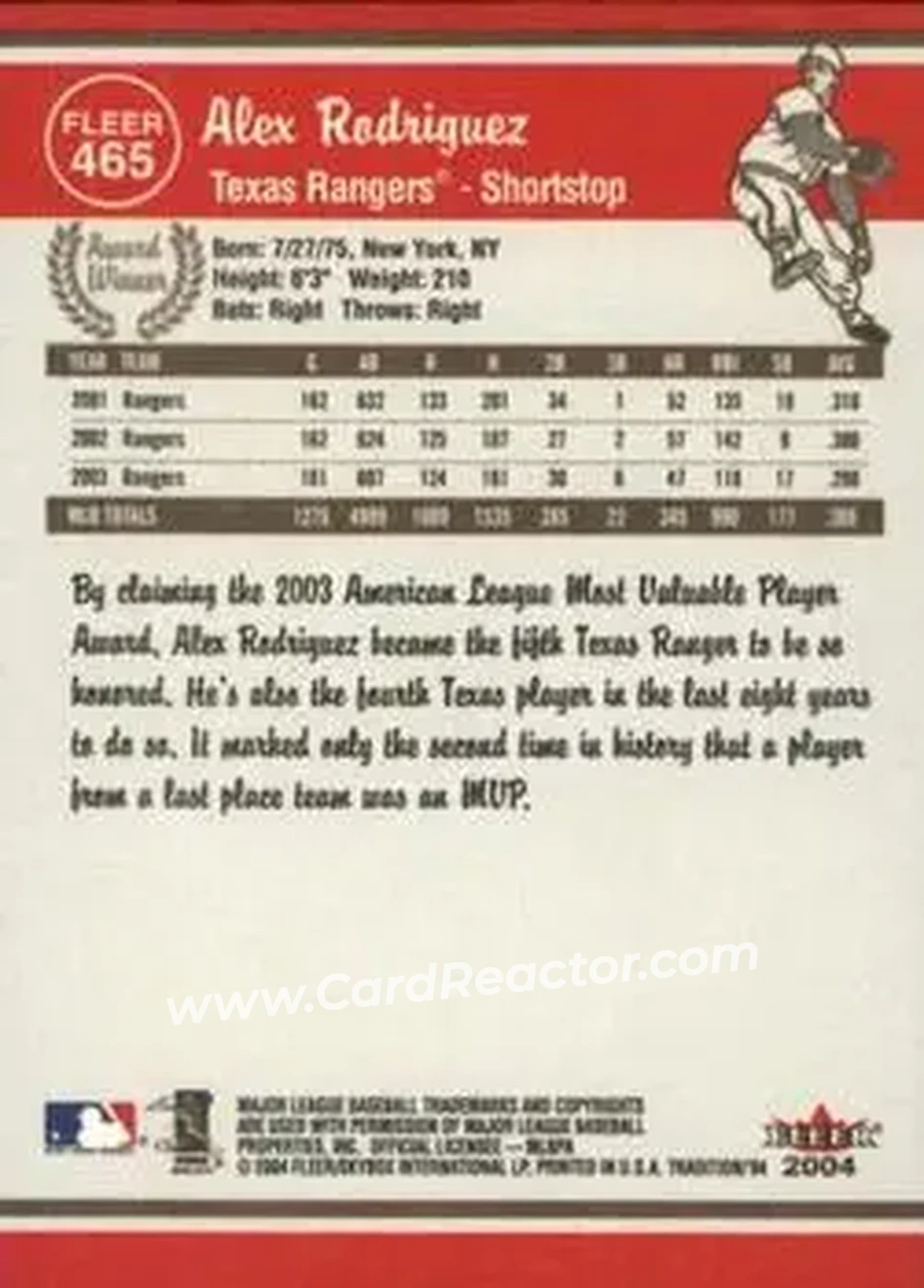 2004 Fleer Tradition #465 - Alex Rodriguez - Texas Rangers - Back