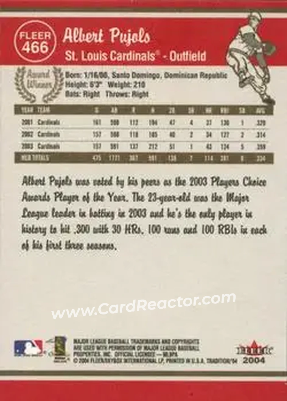 2004 Fleer Tradition #466 - Albert Pujols - St. Louis Cardinals - Back