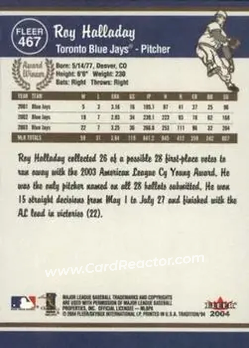2004 Fleer Tradition #467 - Roy Halladay - Toronto Blue Jays - Back