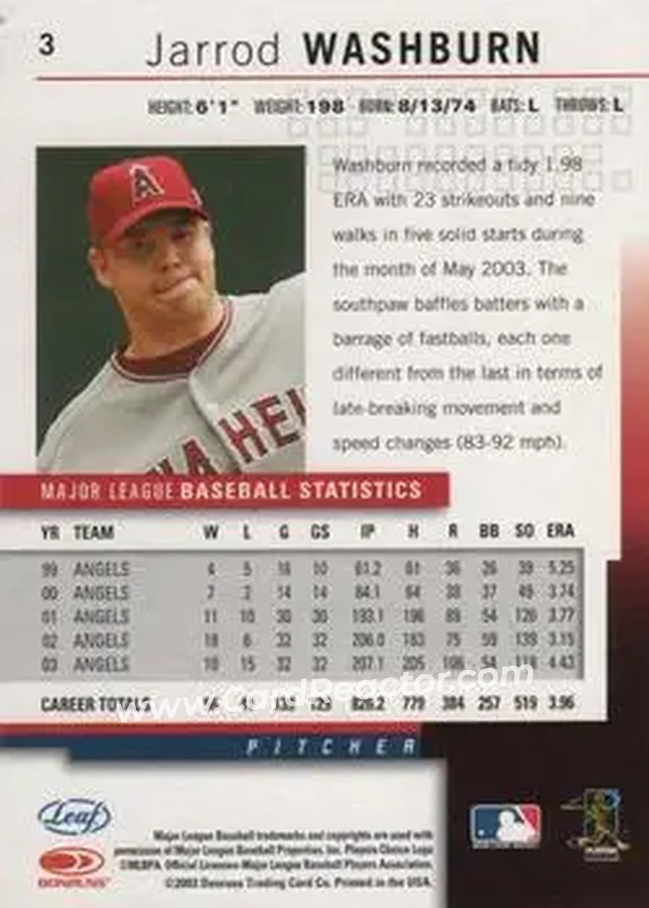 2004 Leaf #3 - Jarrod Washburn - Anaheim Angels - Back