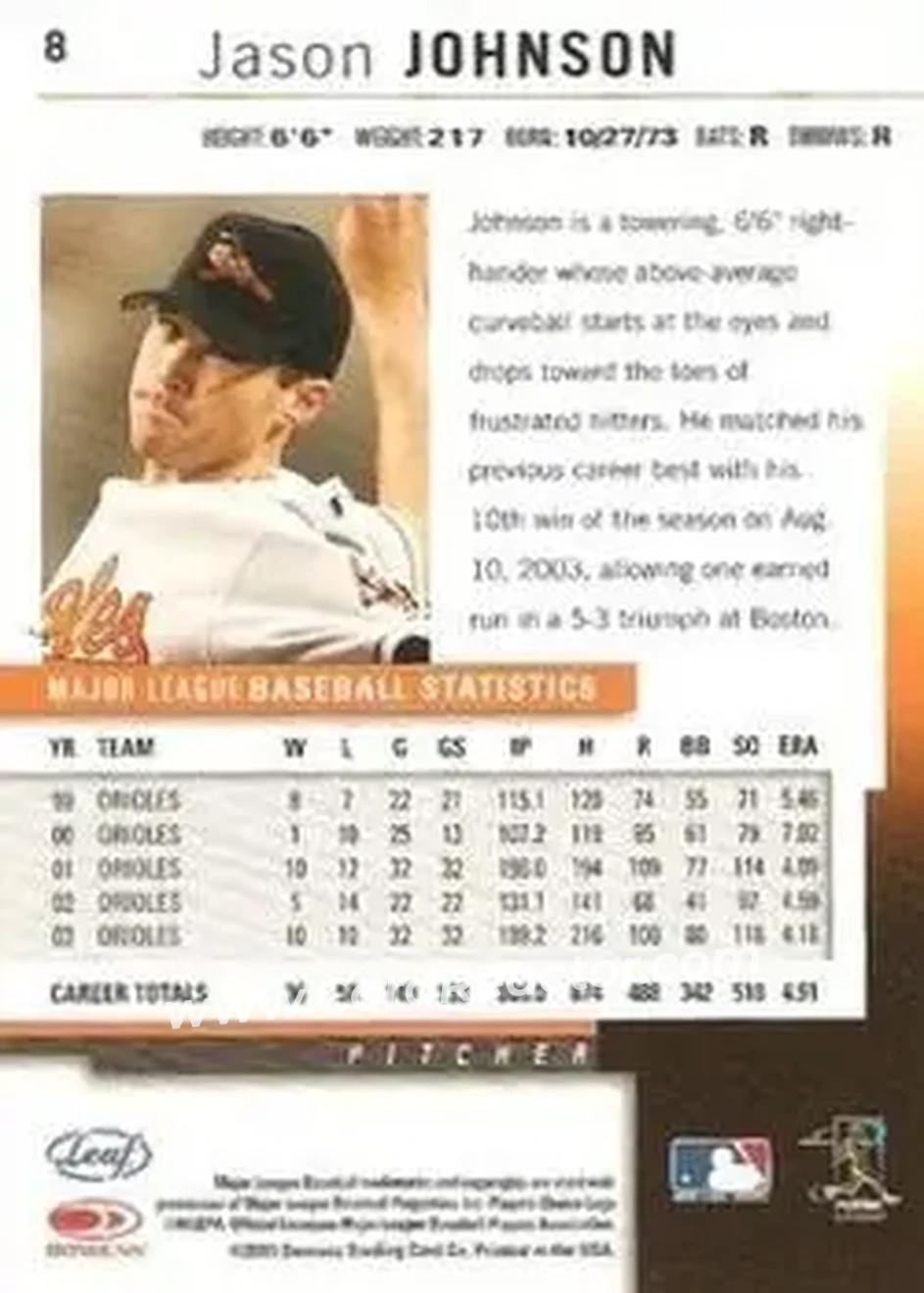 2004 Leaf #8 - Jason Johnson - Baltimore Orioles - Back