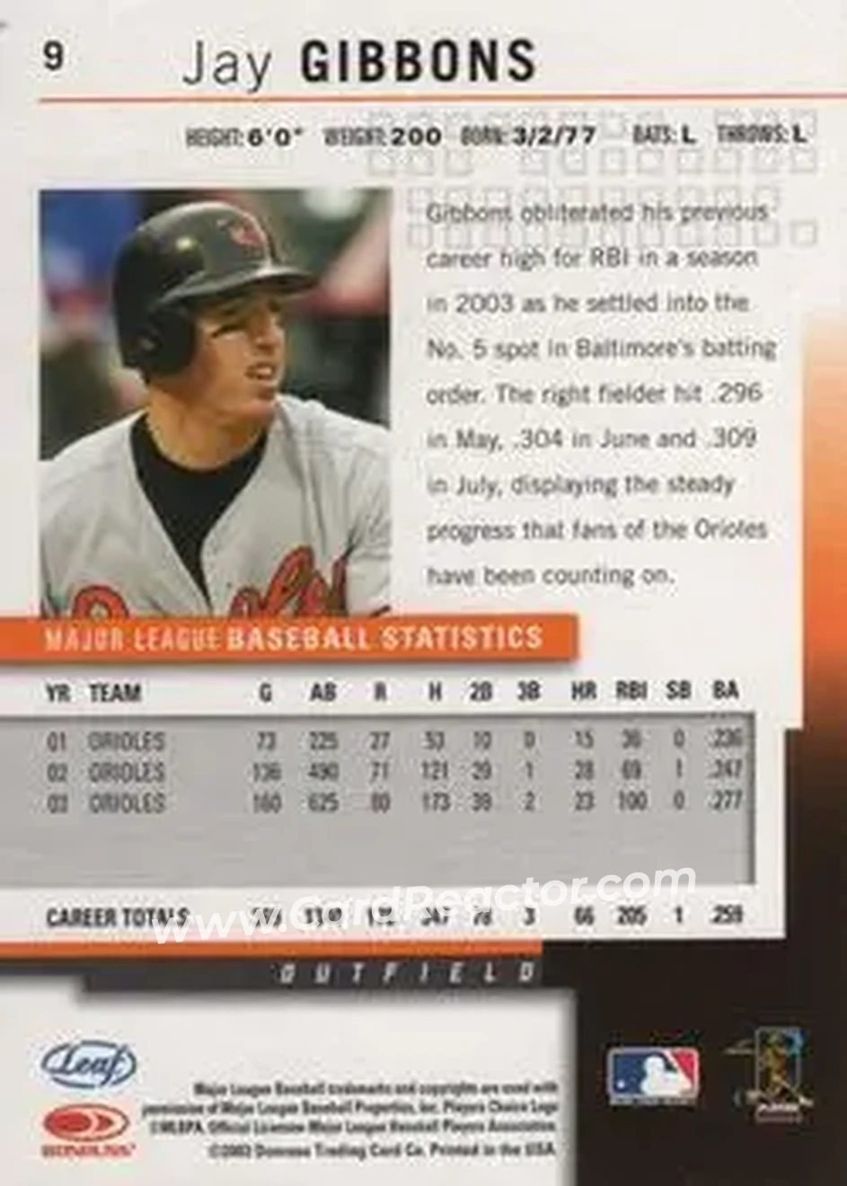 2004 Leaf #9 - Jay Gibbons - Baltimore Orioles - Back
