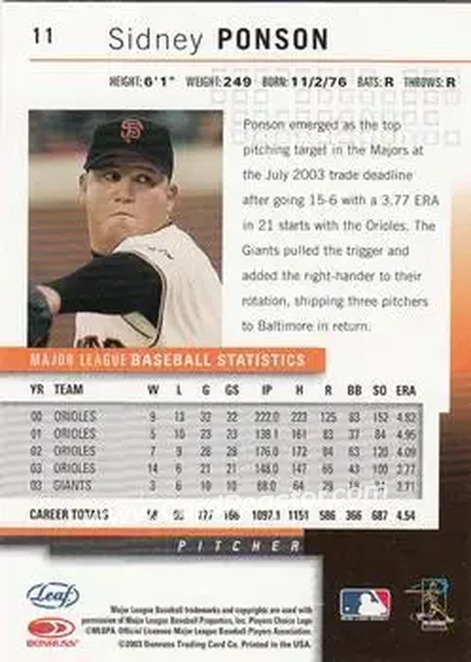 2004 Leaf #11 - Sidney Ponson - San Francisco Giants - Back
