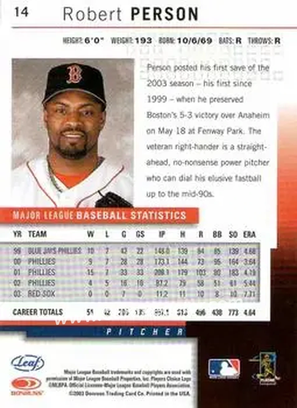 2004 Leaf #14 - Robert Person - Boston Red Sox - Back