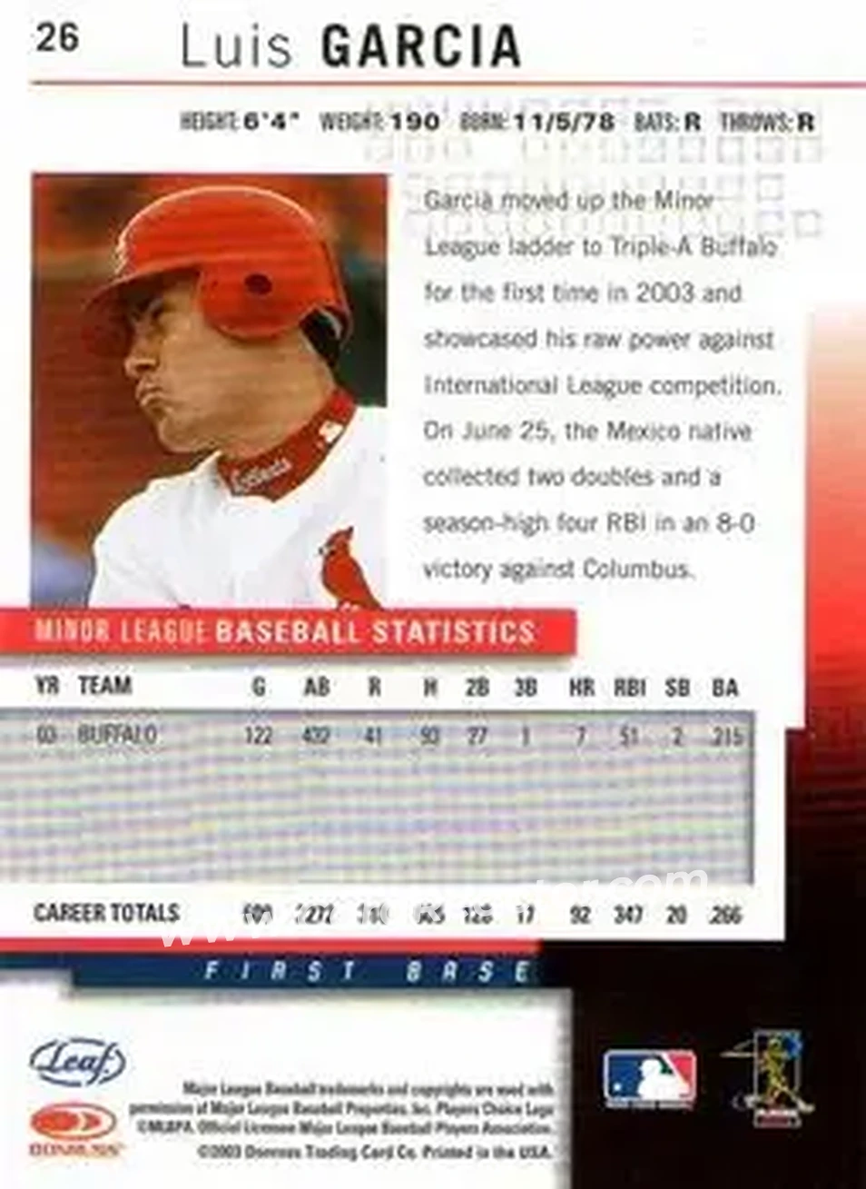 2004 Leaf #26 - Luis Garcia - Cleveland Indians - Back 2004 Leaf #26 - Luis Garcia - Cleveland Indians - Back