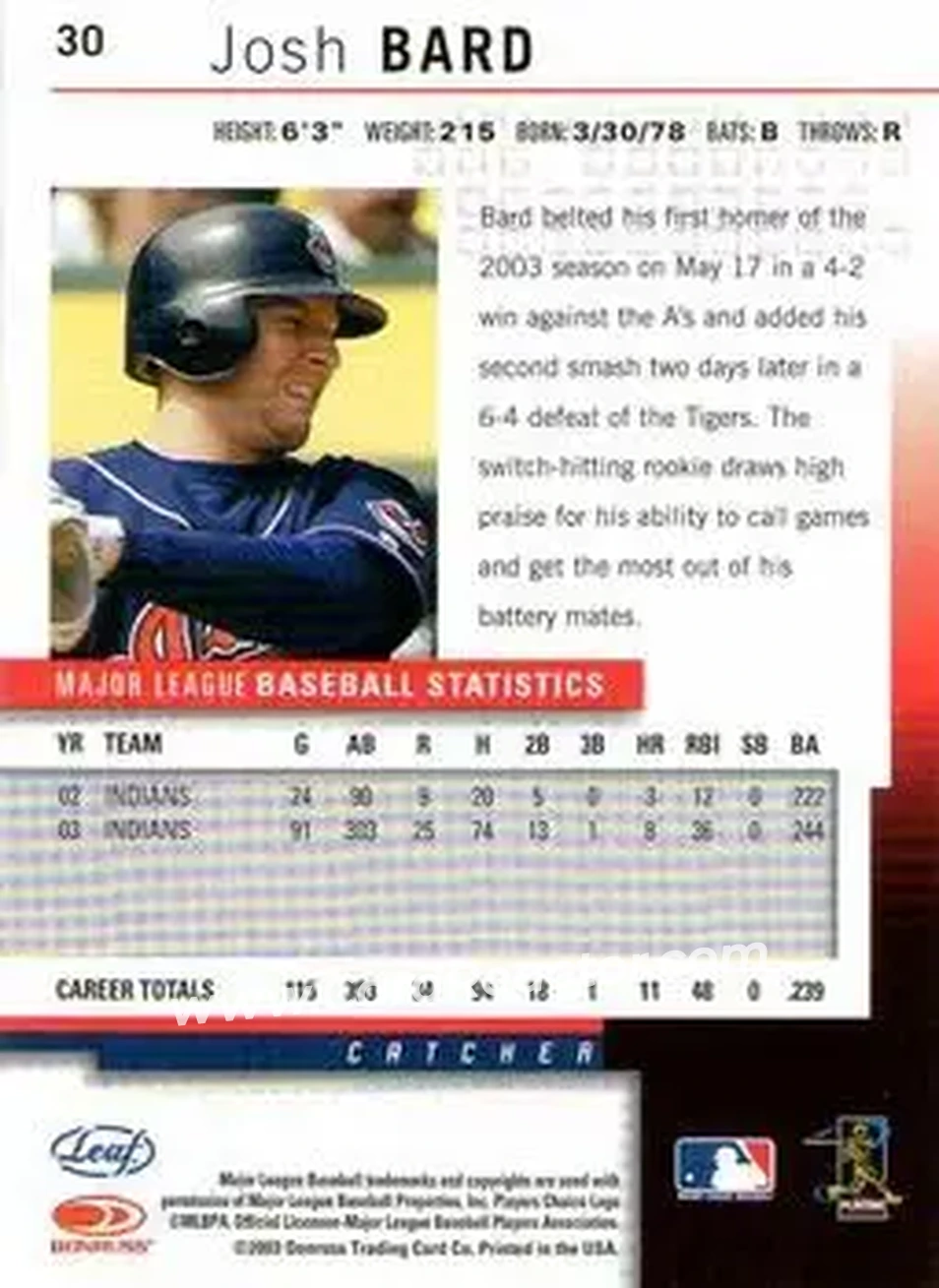 2004 Leaf #30 - Josh Bard - Cleveland Indians - Back