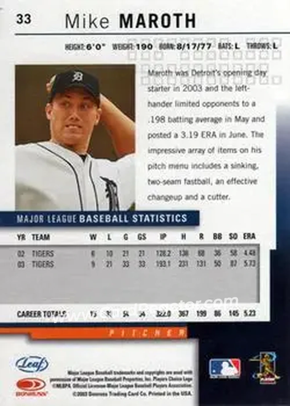 2004 Leaf #33 - Mike Maroth - Detroit Tigers - Back