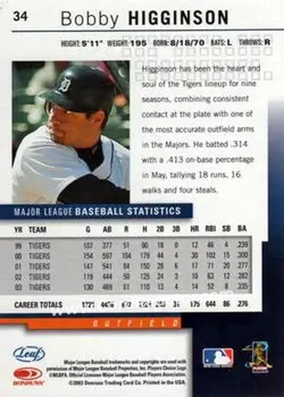 2004 Leaf #34 - Bobby Higginson - Detroit Tigers - Back 2004 Leaf #34 - Bobby Higginson - Detroit Tigers - Back