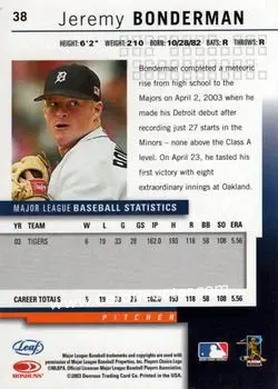 2004 Leaf #38 - Jeremy Bonderman - Detroit Tigers - Back 2004 Leaf #38 - Jeremy Bonderman - Detroit Tigers - Back