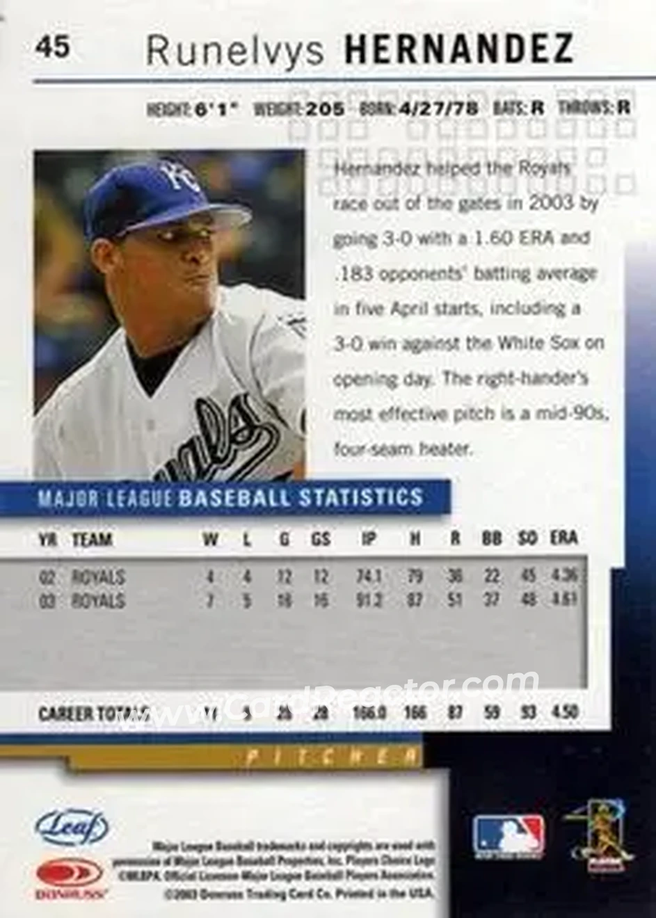 2004 Leaf #45 - Runelvys Hernandez - Kansas City Royals - Back 2004 Leaf #45 - Runelvys Hernandez - Kansas City Royals - Back