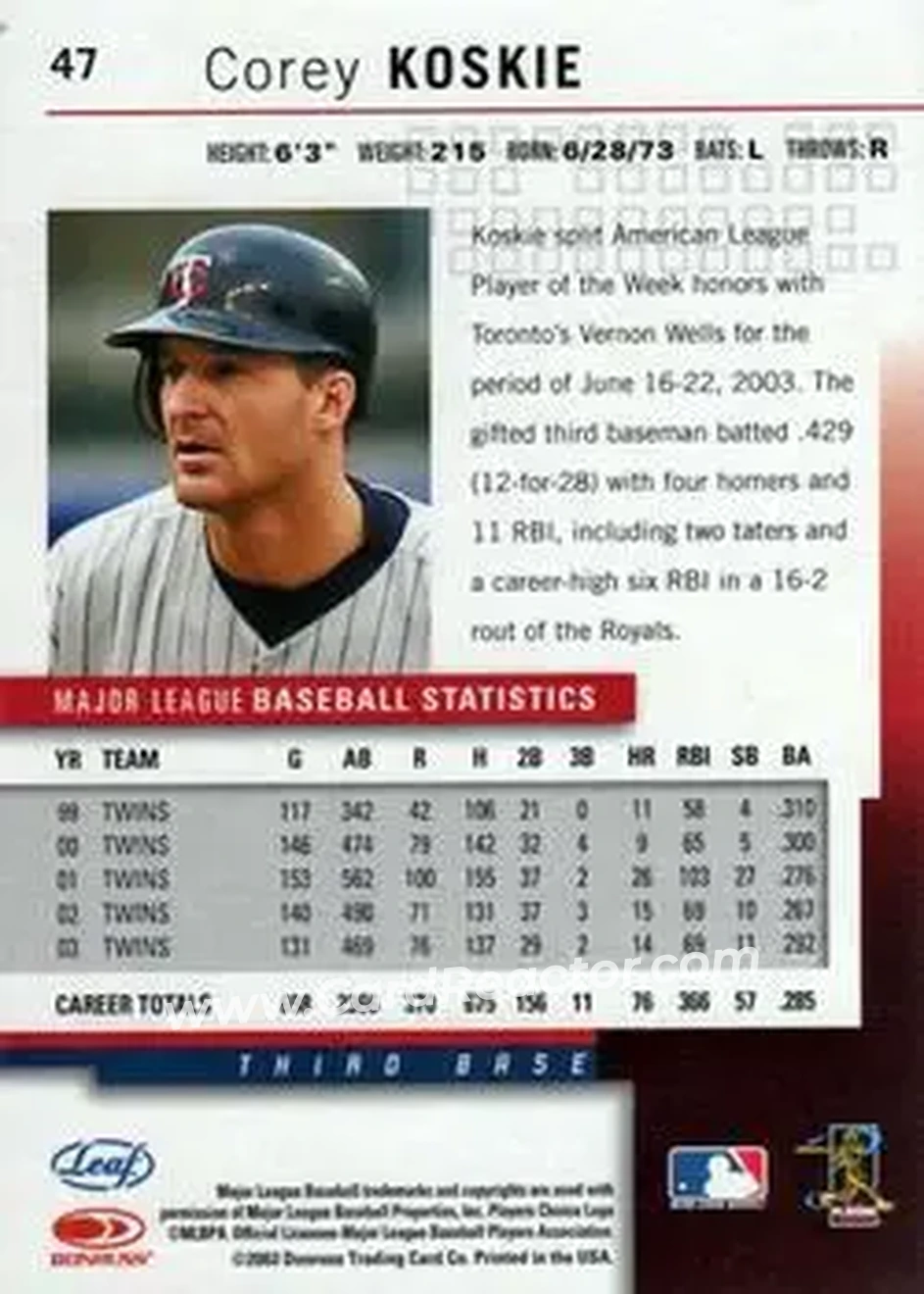 2004 Leaf #47 - Corey Koskie - Minnesota Twins - Back 2004 Leaf #47 - Corey Koskie - Minnesota Twins - Back