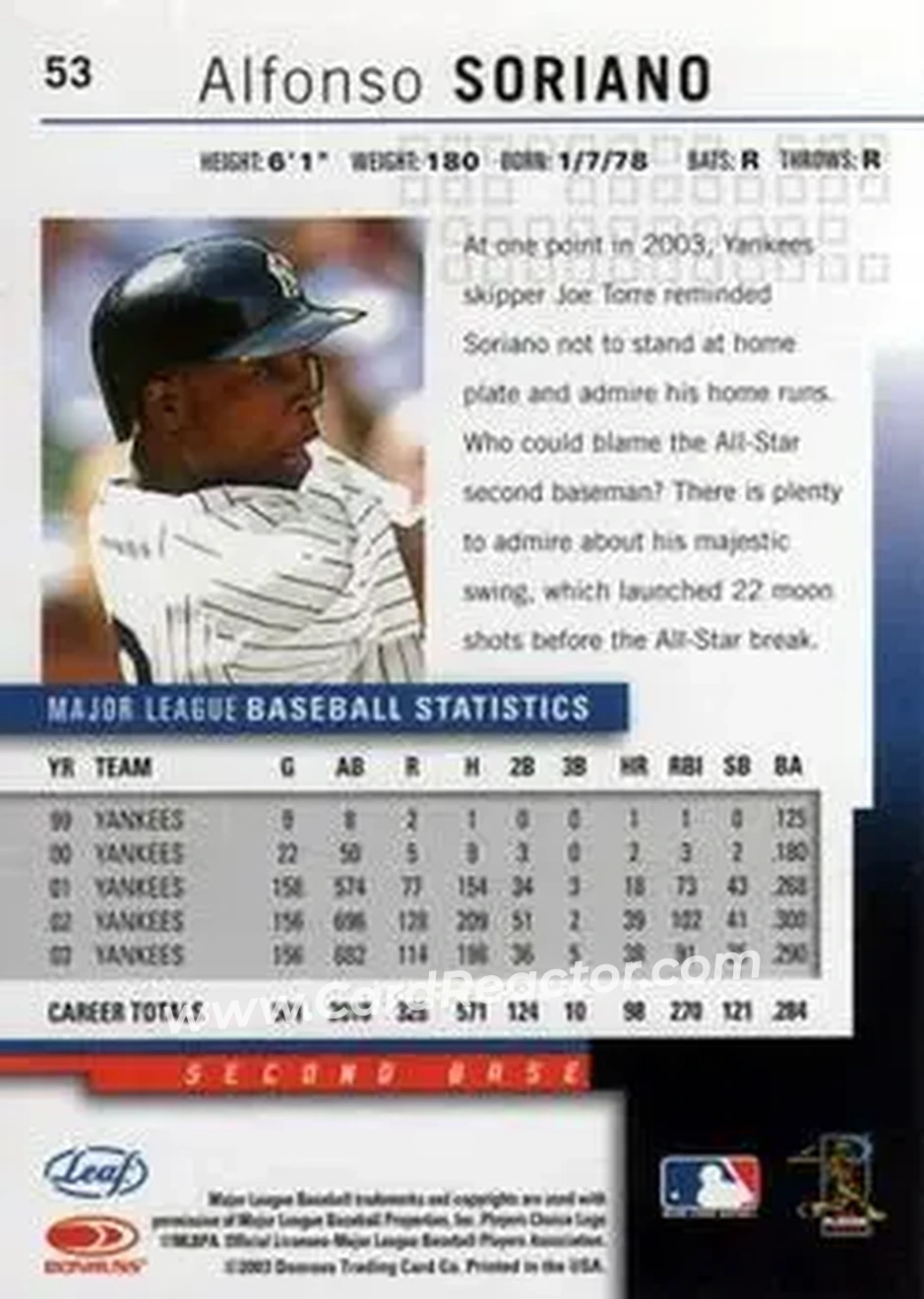 2004 Leaf #53 - Alfonso Soriano - New York Yankees - Back