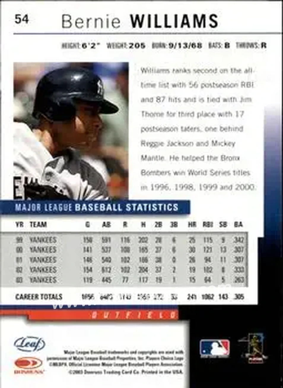 2004 Leaf #54 - Bernie Williams - New York Yankees - Back