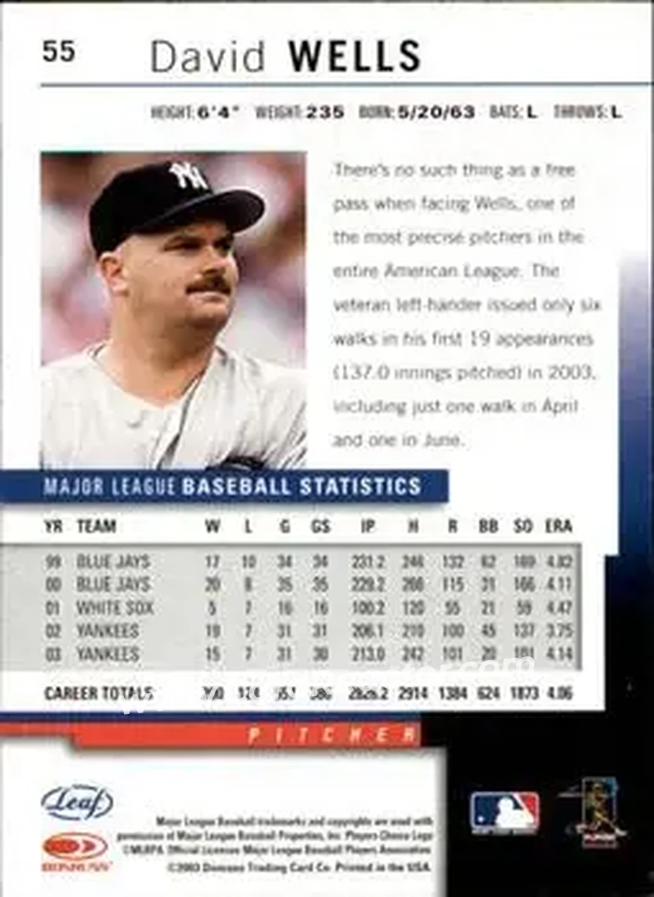 2004 Leaf #55 - David Wells - New York Yankees - Back 2004 Leaf #55 - David Wells - New York Yankees - Back