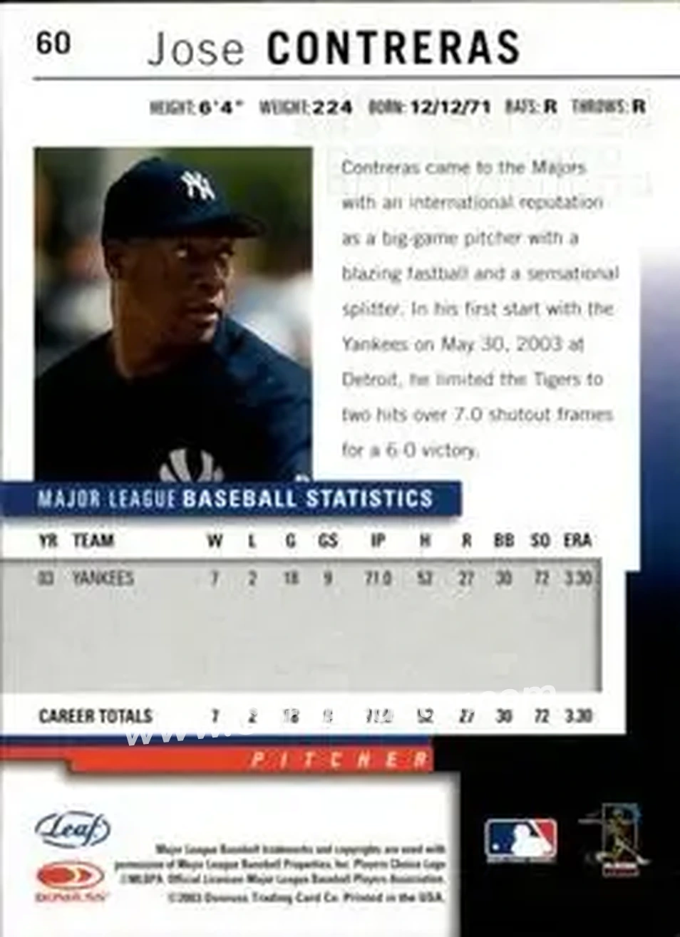 2004 Leaf #60 - Jose Contreras - New York Yankees - Back