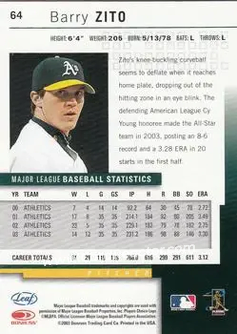 2004 Leaf #64 - Barry Zito - Oakland Athletics - Back