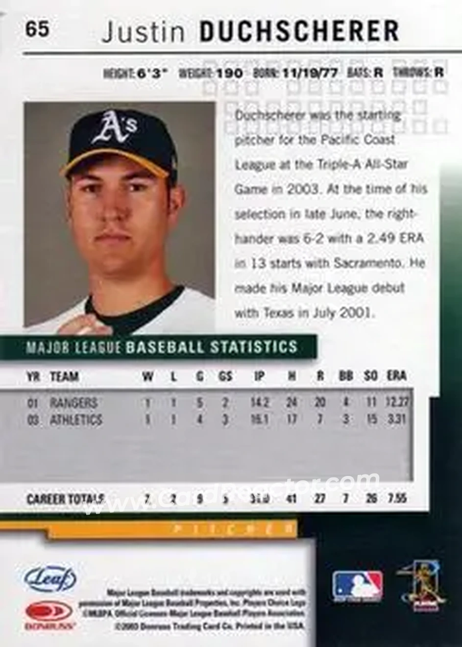 2004 Leaf #65 - Justin Duchscherer - Oakland Athletics - Back