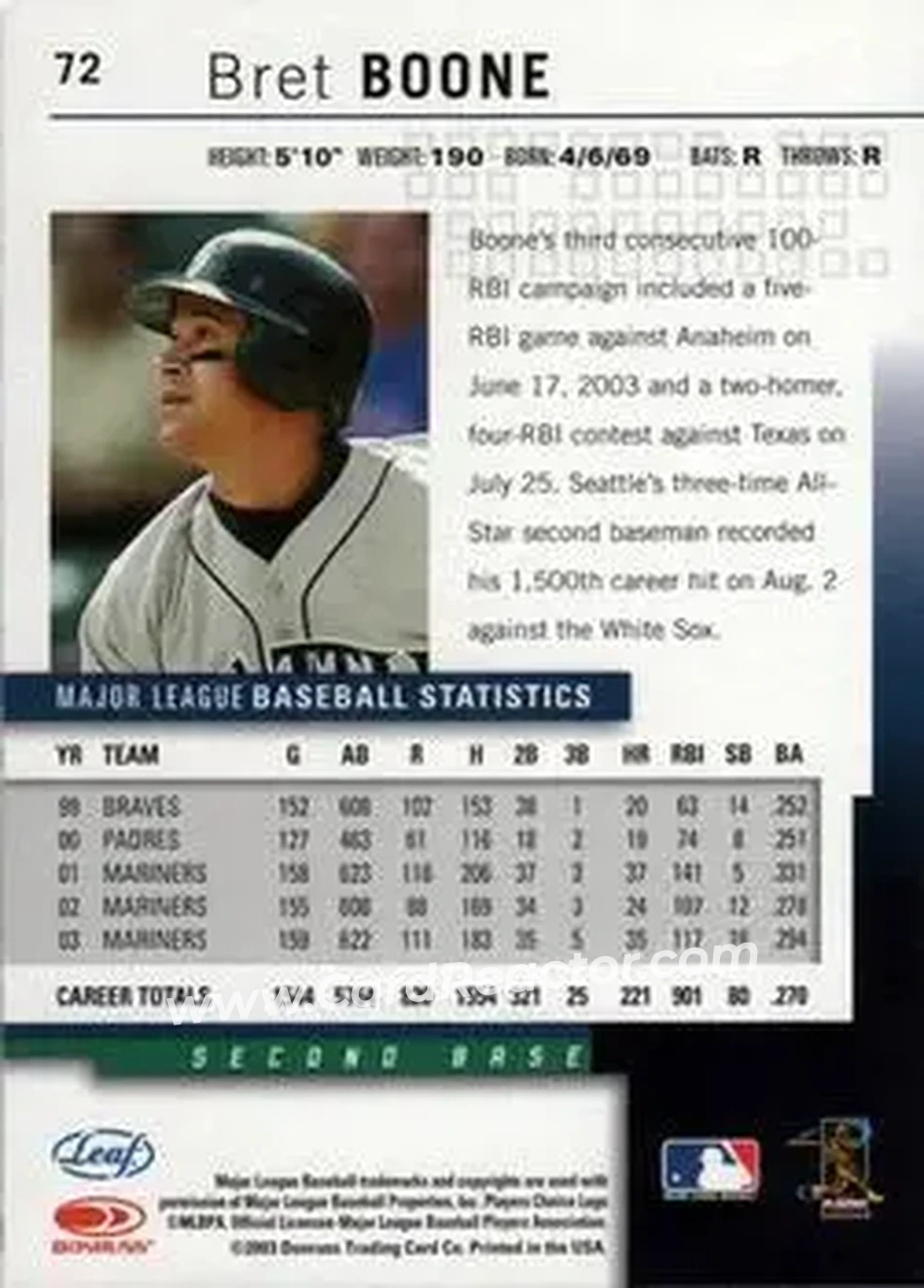 2004 Leaf #72 - Bret Boone - Seattle Mariners - Back
