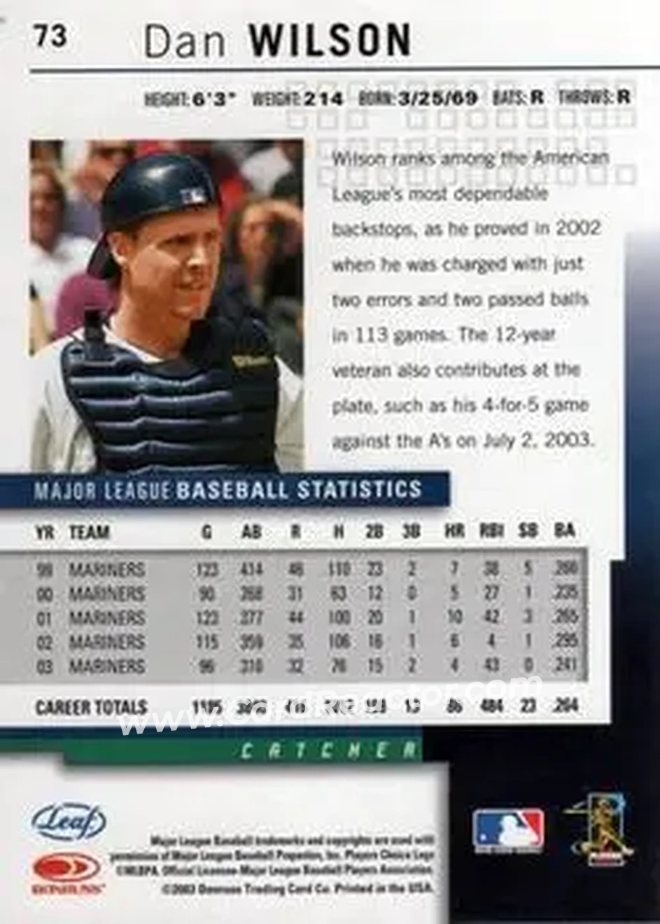 2004 Leaf #73 - Dan Wilson - Seattle Mariners - Back 2004 Leaf #73 - Dan Wilson - Seattle Mariners - Back