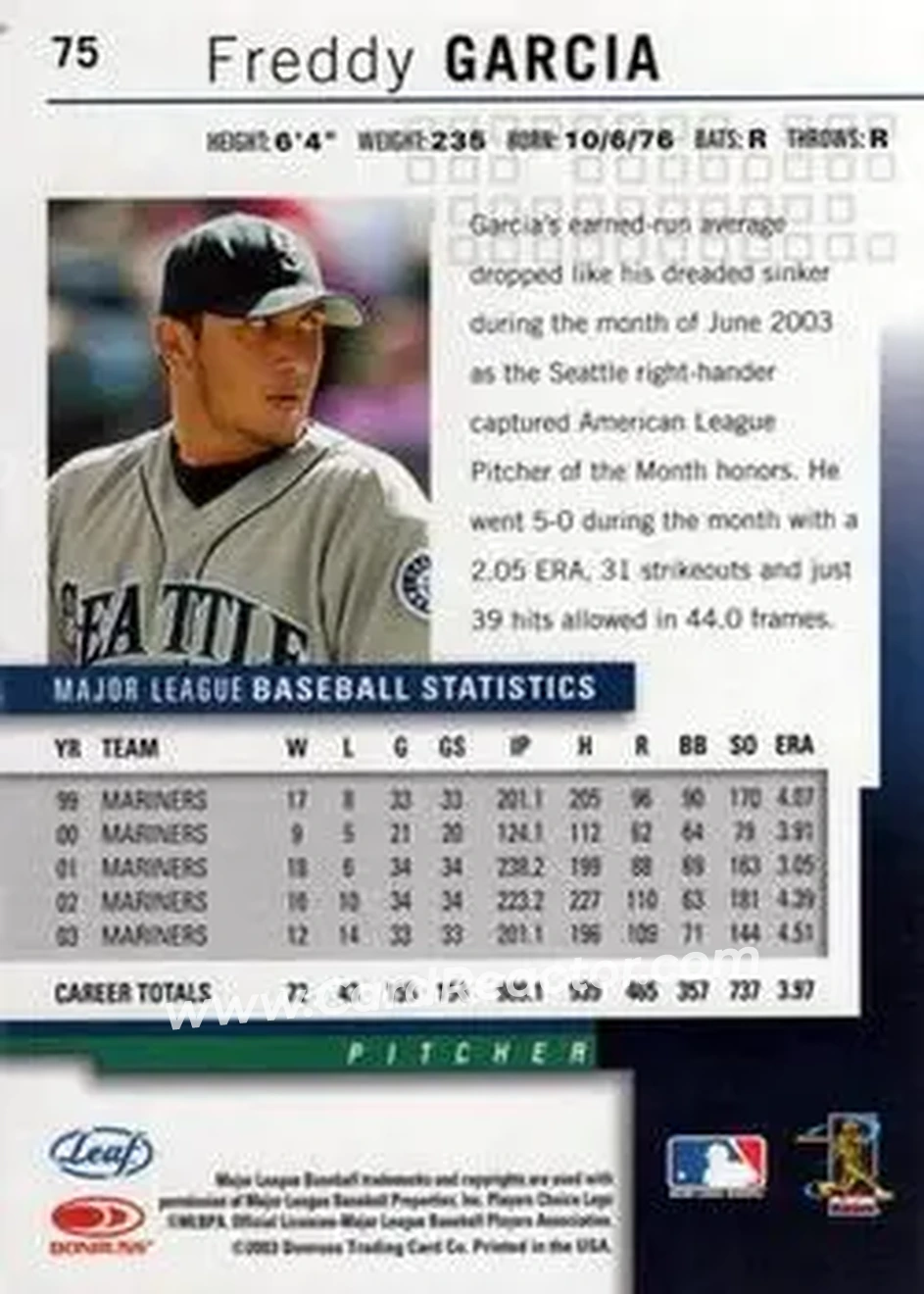 2004 Leaf #75 - Freddy Garcia - Seattle Mariners - Back