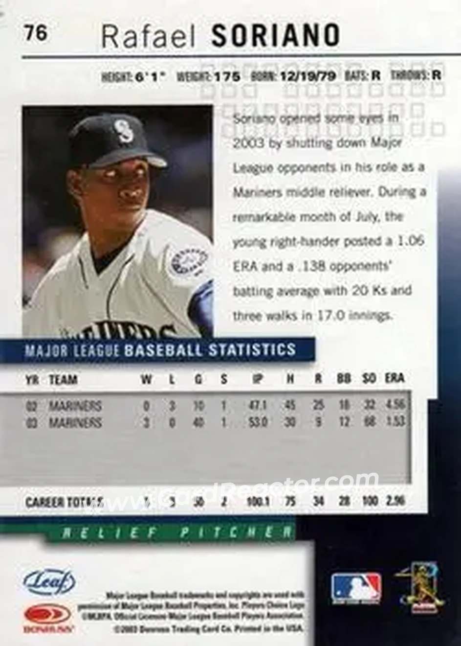 2004 Leaf #76 - Rafael Soriano - Seattle Mariners - Back