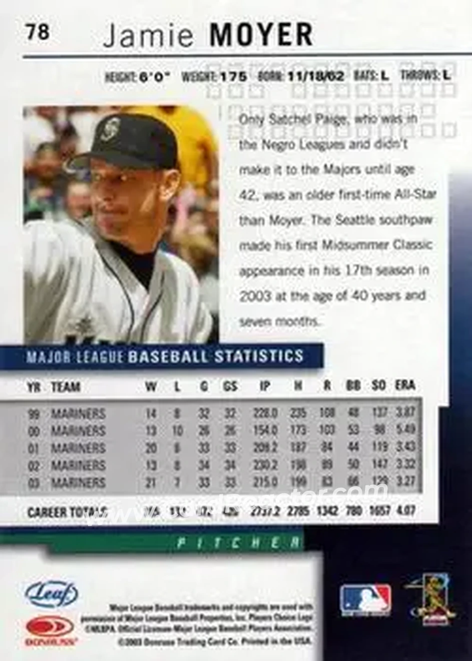 2004 Leaf #78 - Jamie Moyer - Seattle Mariners - Back