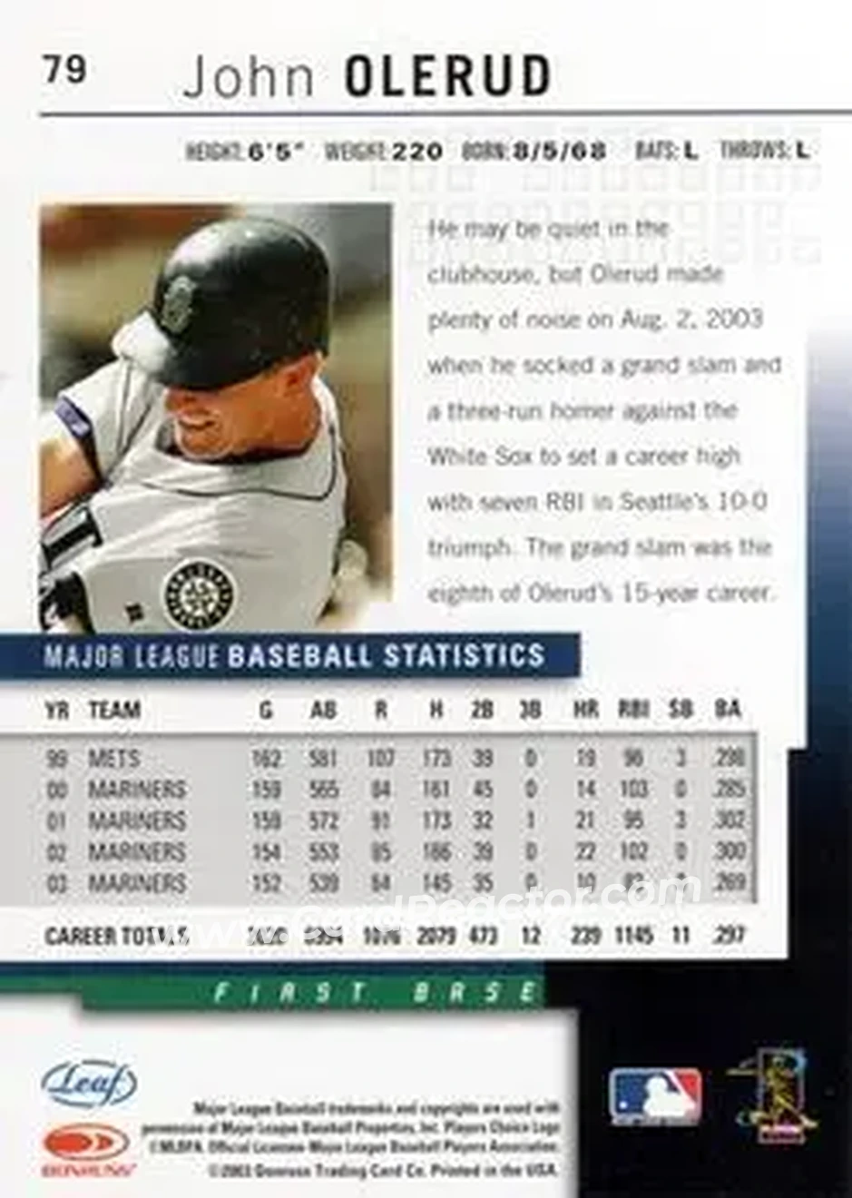 2004 Leaf #79 - John Olerud - Seattle Mariners - Back 2004 Leaf #79 - John Olerud - Seattle Mariners - Back
