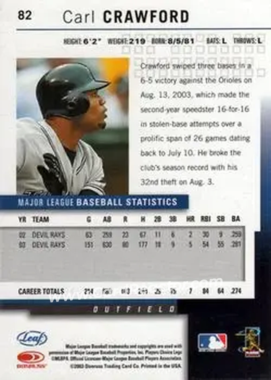 2004 Leaf #82 - Carl Crawford - Tampa Bay Devil Rays - Back