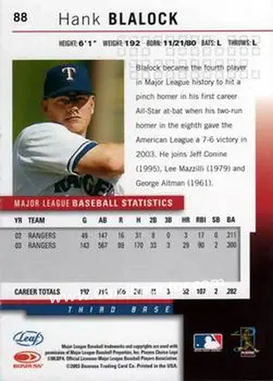 2004 Leaf #88 - Hank Blalock - Texas Rangers - Back 2004 Leaf #88 - Hank Blalock - Texas Rangers - Back