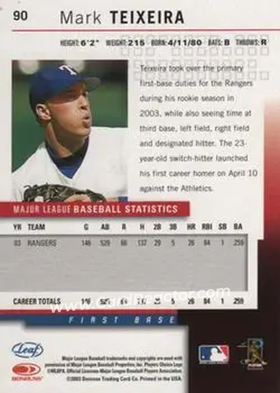 2004 Leaf #90 - Mark Teixeira - Texas Rangers - Back