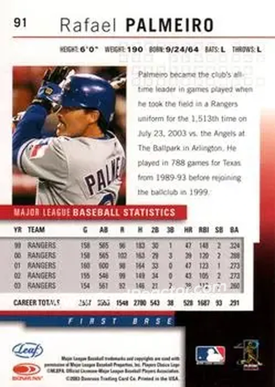 2004 Leaf #91 - Rafael Palmeiro - Texas Rangers - Back