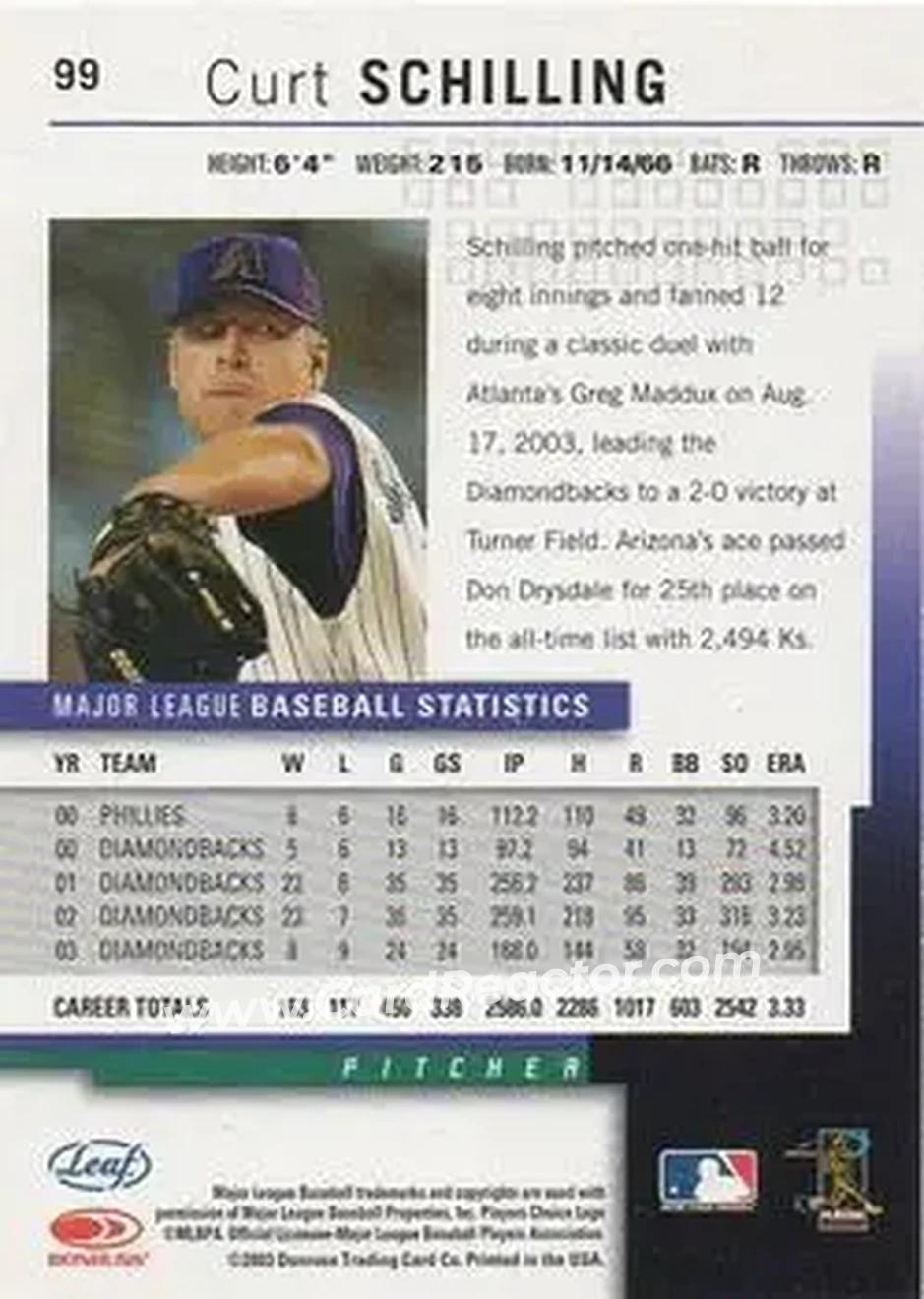 2004 Leaf #99 - Curt Schilling - Arizona Diamondbacks - Back 2004 Leaf #99 - Curt Schilling - Arizona Diamondbacks - Back